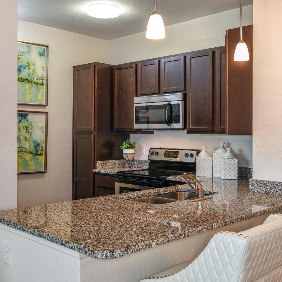 a kitchen with seating