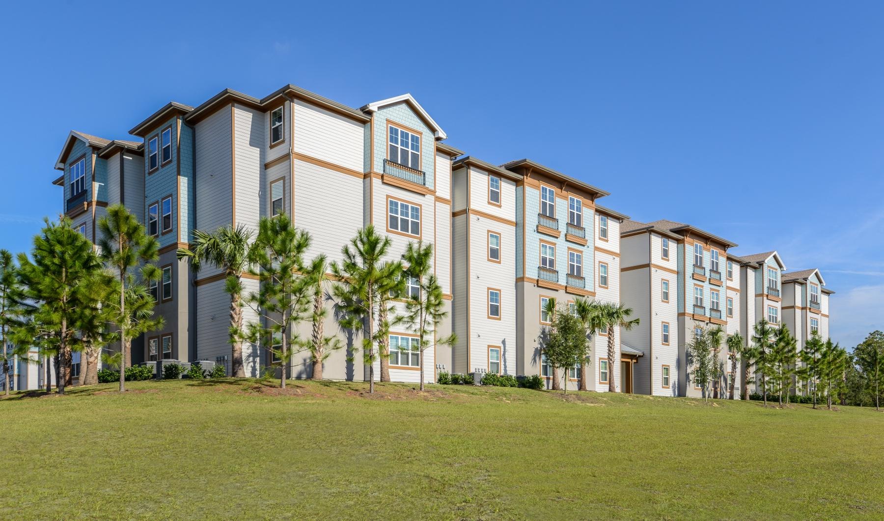a building with palm trees